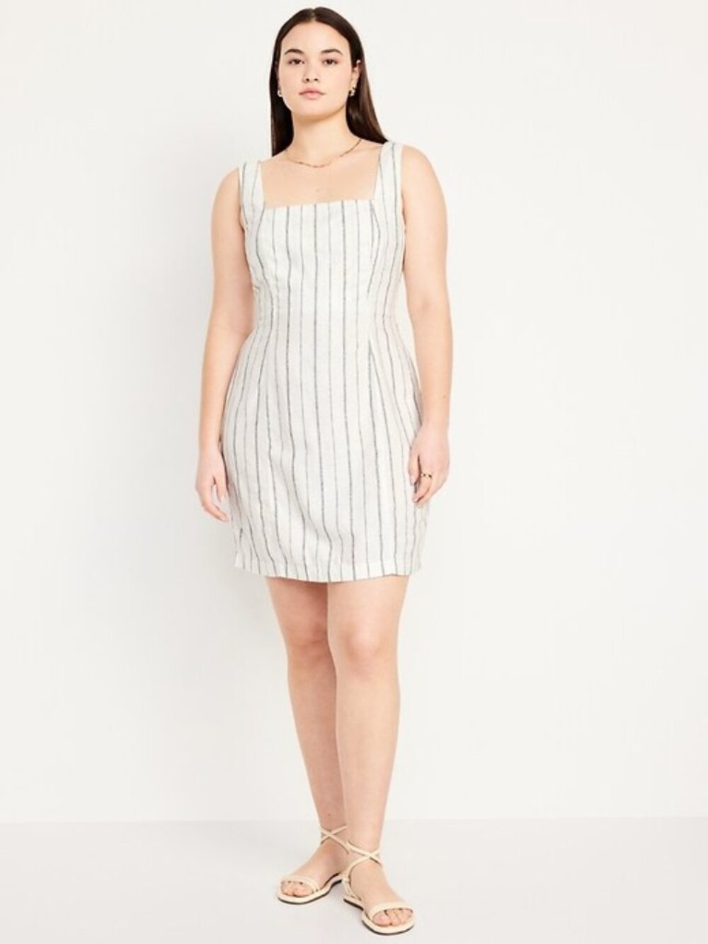 OLD NAVY square neck linen blend mini dress in neutral stripe (XL)